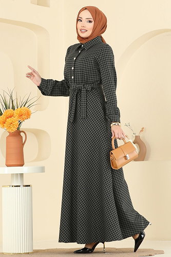 moda selvim Gold Düğme Detaylı Elbise 4129PM271 Haki - Thumbnail