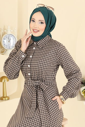 moda selvim Gold Düğme Detaylı Elbise 4129PM271 Kahve - Thumbnail