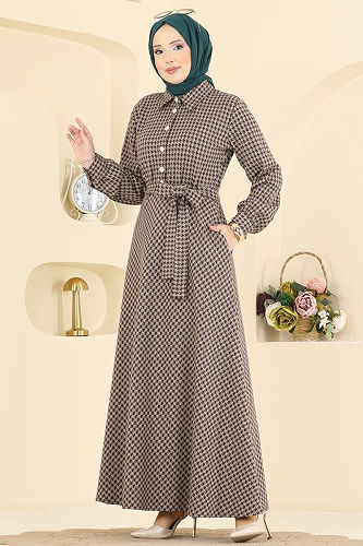 moda selvim Gold Düğme Detaylı Elbise 4129PM271 Kahve - Thumbnail