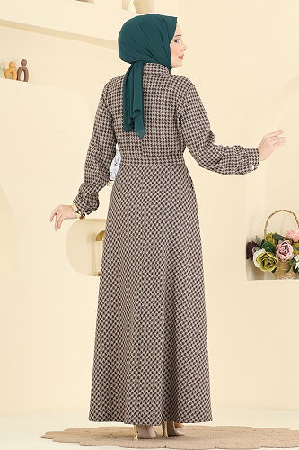 moda selvim Gold Düğme Detaylı Elbise 4129PM271 Kahve - Thumbnail