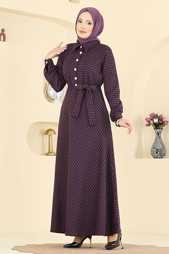 moda selvim Gold Düğme Detaylı Elbise 4129PM271 Mürdüm - Thumbnail