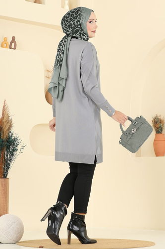 moda selvim Gold Düğme Detaylı Hırka 3193BRZ597 Gri - Thumbnail