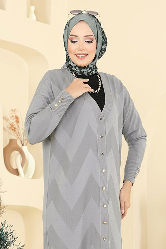 moda selvim Gold Düğme Detaylı Hırka 3193BRZ597 Gri - Thumbnail