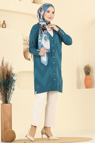 moda selvim Gold Düğme Detaylı Hırka 3193BRZ597 Petrol - Thumbnail