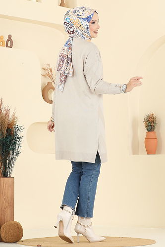 moda selvim Gold Düğme Detaylı Hırka 3193BRZ597 Taş - Thumbnail