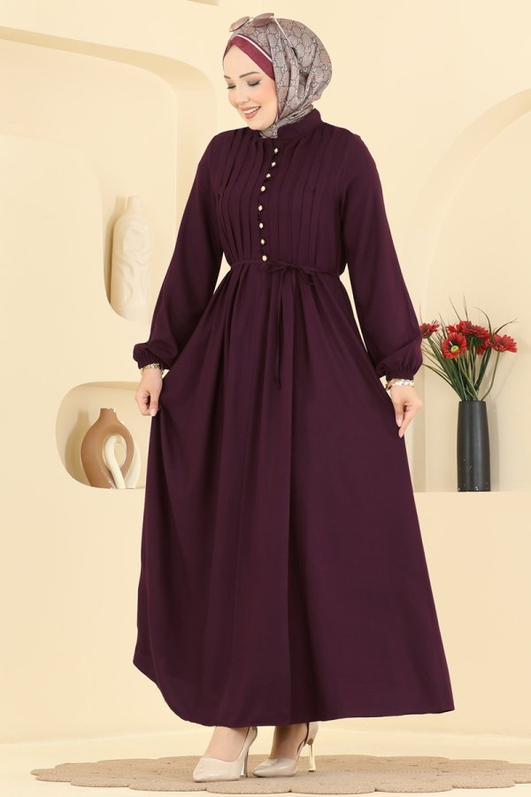 Modaselvim Elbise Gold Düğmeli Belmando Elbise 7152BG354 Bordo