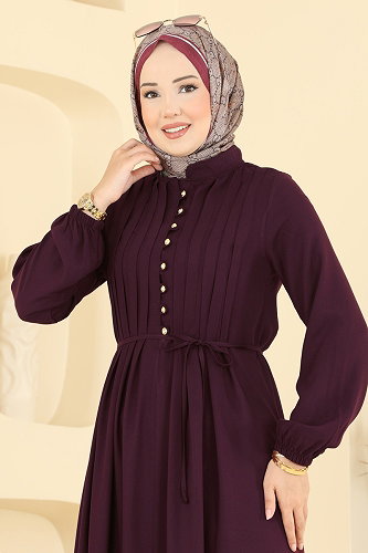 moda selvim Gold Düğmeli Belmando Elbise 7152BG354 Bordo - Thumbnail