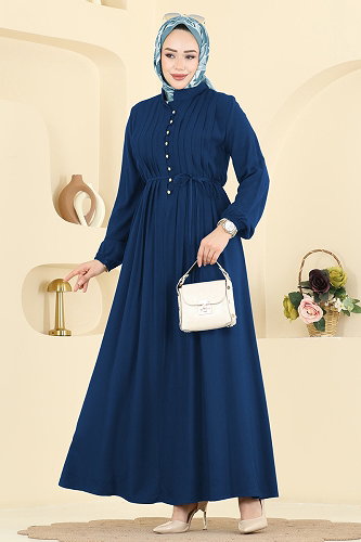 moda selvim Gold Düğmeli Belmando Elbise 7152BG354 İndigo - Thumbnail