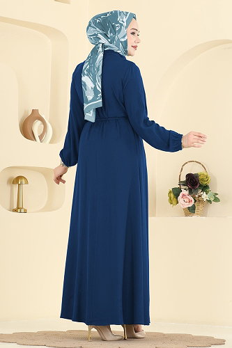 moda selvim Gold Düğmeli Belmando Elbise 7152BG354 İndigo - Thumbnail