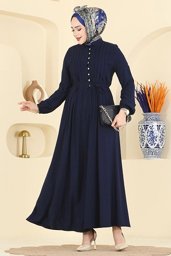 moda selvim Gold Düğmeli Belmando Elbise 7152BG354 Koyu Laci - Thumbnail