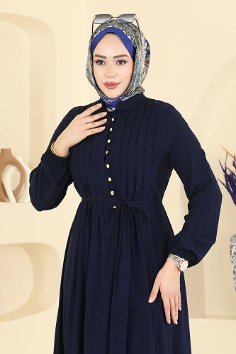 moda selvim Gold Düğmeli Belmando Elbise 7152BG354 Koyu Laci - Thumbnail
