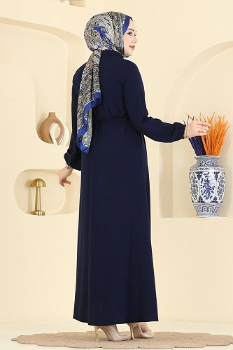 moda selvim Gold Düğmeli Belmando Elbise 7152BG354 Koyu Laci - Thumbnail