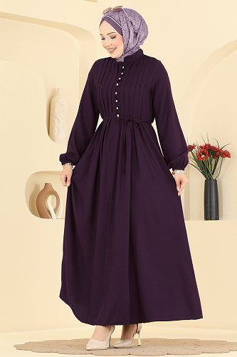 moda selvim Gold Düğmeli Belmando Elbise 7152BG354 Mürdüm - Thumbnail
