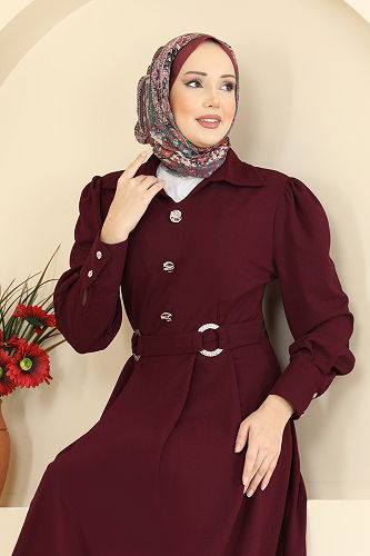 moda selvim Gold Düğmeli Elbise 5370AL357 Bordo - Thumbnail