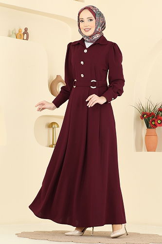 moda selvim Gold Düğmeli Elbise 5370AL357 Bordo - Thumbnail
