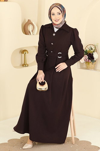 moda selvim Gold Düğmeli Elbise 5370AL357 Kahve - Thumbnail