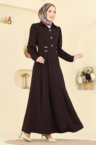 moda selvim Gold Düğmeli Elbise 5370AL357 Kahve - Thumbnail
