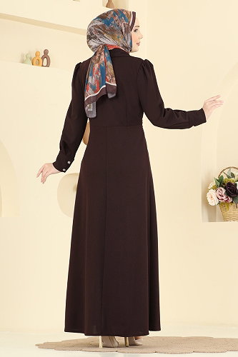 moda selvim Gold Düğmeli Elbise 5370AL357 Kahve - Thumbnail