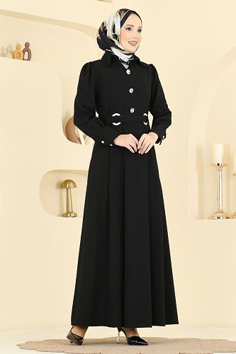 moda selvim Gold Düğmeli Elbise 5370AL357 Siyah - Thumbnail