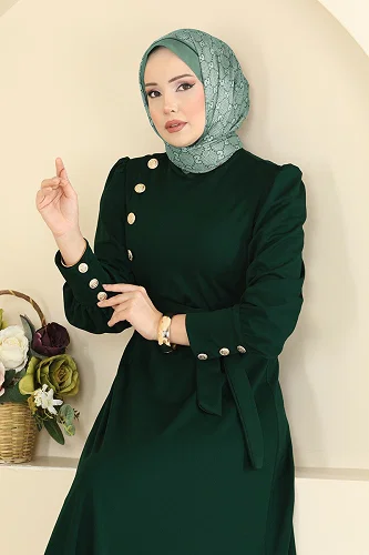 moda selvim Gold Düğmeli Krep Elbise 4691ALG474 Açık Zümrüt - Thumbnail