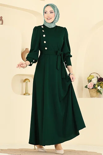 moda selvim Gold Düğmeli Krep Elbise 4691ALG474 Açık Zümrüt - Thumbnail