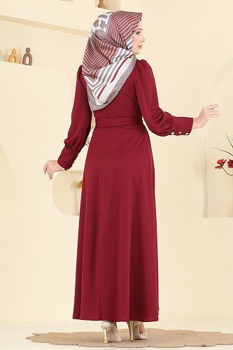moda selvim Gold Düğmeli Krep Elbise 4691ALG474 Bordo - Thumbnail