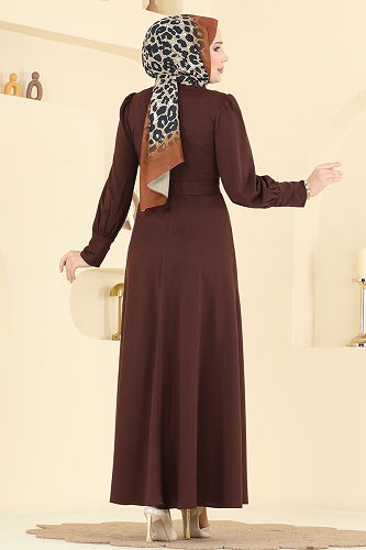 moda selvim Gold Düğmeli Krep Elbise 4691ALG474 Kahve - Thumbnail