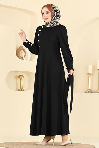 moda selvim Gold Düğmeli Krep Elbise 4691ALG474 Siyah - Thumbnail