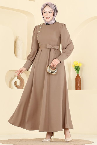 moda selvim Gold Düğmeli Krep Elbise 4691ALG474 Vizyon - Thumbnail