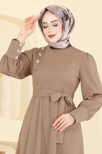 moda selvim Gold Düğmeli Krep Elbise 4691ALG474 Vizyon - Thumbnail