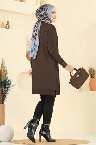 moda selvim Gold Düğmeli Merserize Hırka 3193BRZ597 Acı Kahve - Thumbnail