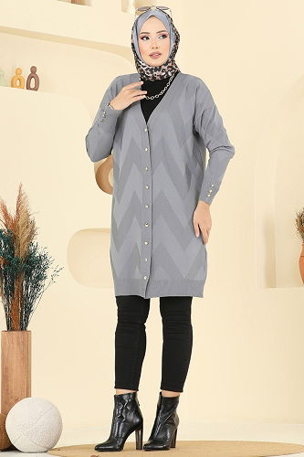 moda selvim Gold Düğmeli Merserize Hırka 3193BRZ597 Antrasit - Thumbnail