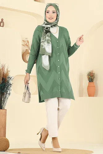 moda selvim Gold Düğmeli Merserize Hırka 3193BRZ597 Çağla - Thumbnail