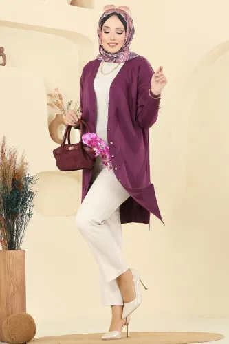 B.R.Z - Gold Düğmeli Merserize Hırka 3193BRZ597 Mürdüm