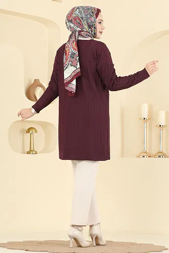 moda selvim Gold Düğmeli Merserize Hırka 3197UZ662 Mürdüm - Thumbnail