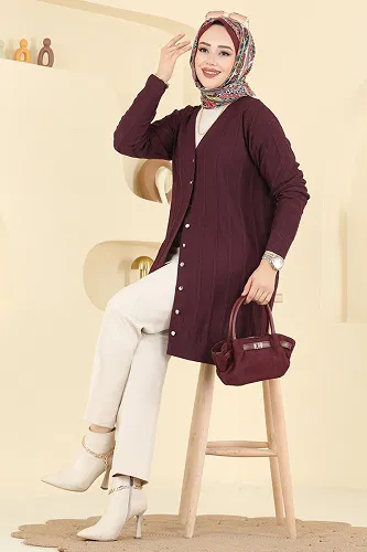 moda selvim Gold Düğmeli Merserize Hırka 3197UZ662 Mürdüm - Thumbnail