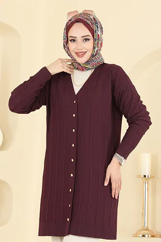 moda selvim Gold Düğmeli Merserize Hırka 3197UZ662 Mürdüm - Thumbnail