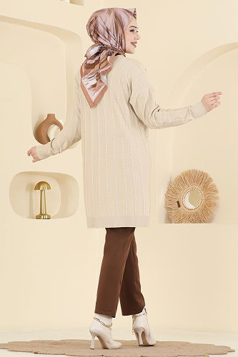 moda selvim Gold Düğmeli Merserize Hırka 3197UZ662 Taş - Thumbnail