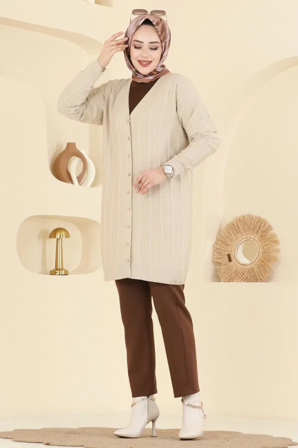 Modaselvim Hırka/Yelek Gold Düğmeli Merserize Hırka 3197UZ662 Taş