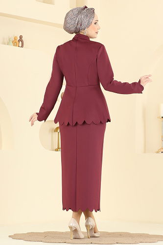 moda selvim Gold Düğmeli Scuba Takım 2808SL432 Bordo - Thumbnail