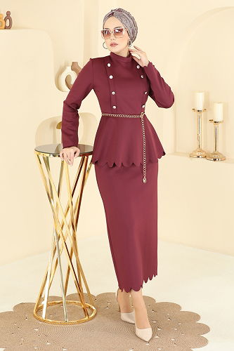 moda selvim Gold Düğmeli Scuba Takım 2808SL432 Bordo - Thumbnail