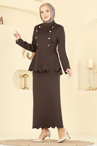 moda selvim Gold Düğmeli Scuba Takım 2808SL432 Kahve - Thumbnail