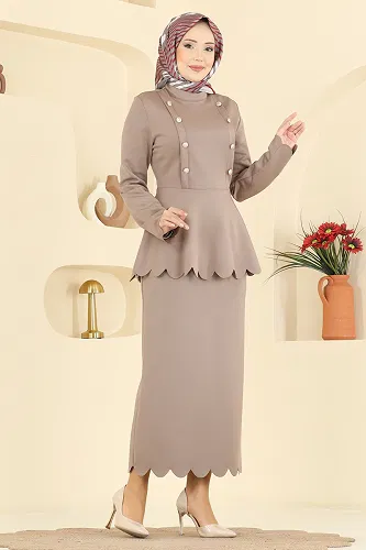 moda selvim Gold Düğmeli Scuba Takım 2808SL432 Koyu Vizyon - Thumbnail