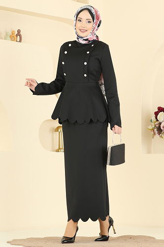 moda selvim Gold Düğmeli Scuba Takım 2808SL432 Siyah - Thumbnail