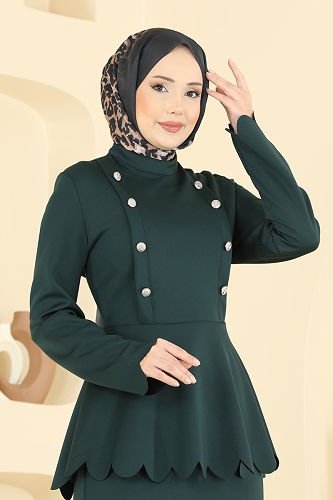 moda selvim Gold Düğmeli Scuba Takım 2808SL432 Zümrüt - Thumbnail