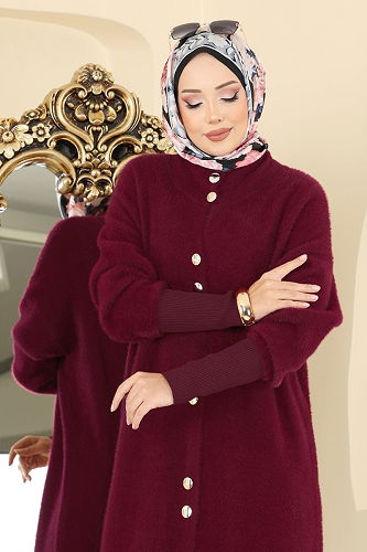 moda selvim Gold Düğmeli Triko Hırka 4857HSC1162 Bordo - Thumbnail