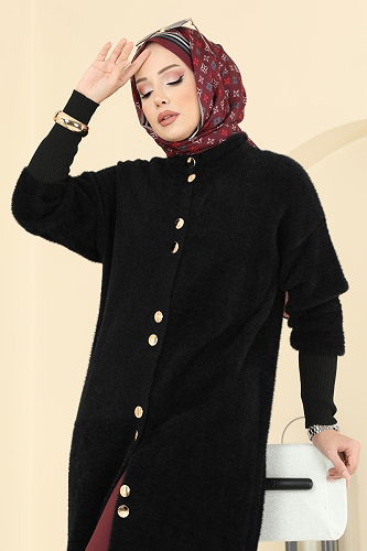 moda selvim Gold Düğmeli Triko Hırka 4857HSC1162 Siyah - Thumbnail