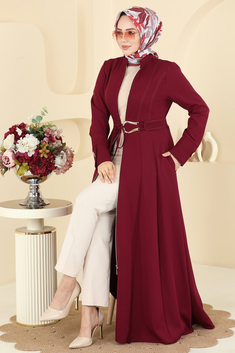 Gold Fermuarlı Dabıl Ferace 2786SL432 Bordo