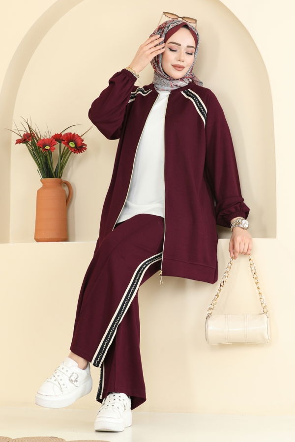 Modaselvim Kombin Gold Fermuarlı Modal Takım 3287HBS856 Bordo