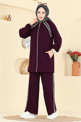 moda selvim Gold Fermuarlı Modal Takım 3287HBS856 Mürdüm - Thumbnail